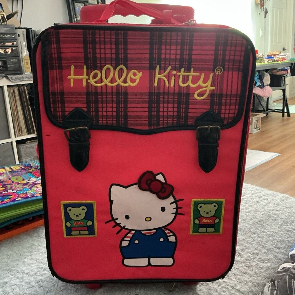 Vintage 1990s Sanrio Smiles Hello Kitty Rolling Suitcase Luggage Pink Plaid